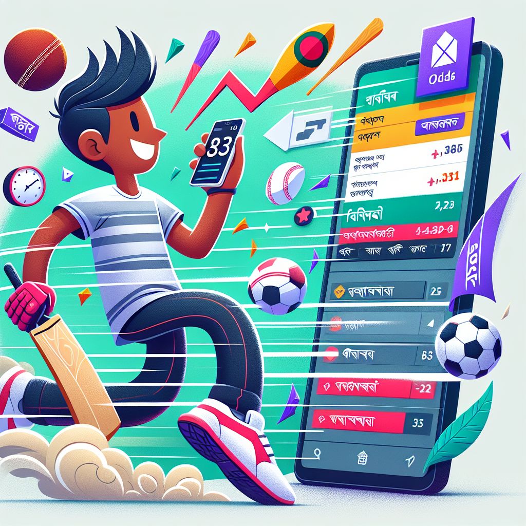 Cartoon sports fan with a phone showing live odds and a bet slip, with cricket and football icons